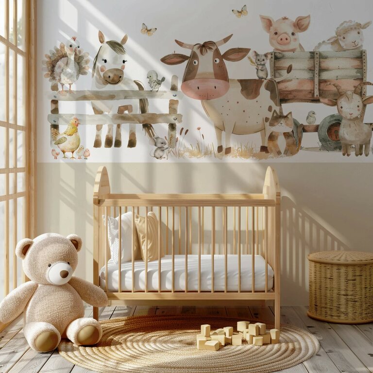 Wandvullend behang boerderij kinderkamer - lambrisering beige