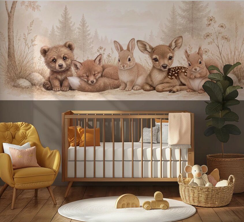 Wandvullend behang Bosdieren Woodland voor de kinderkamer of babykamer - lambrisering donker taupe
