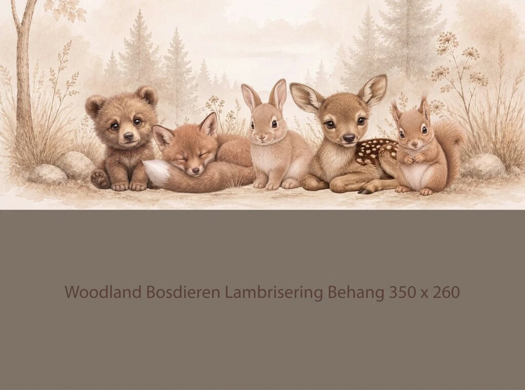 Wandvullend behang Bosdieren Woodland voor de kinderkamer of babykamer - lambrisering donker taupe