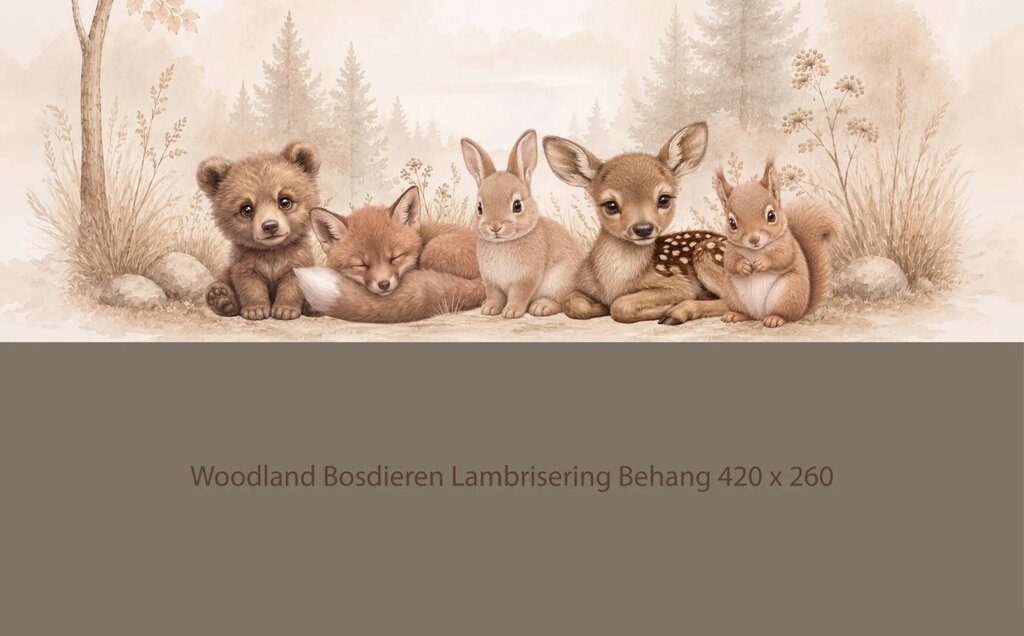 Wandvullend behang Bosdieren Woodland voor de kinderkamer of babykamer - lambrisering donker taupe