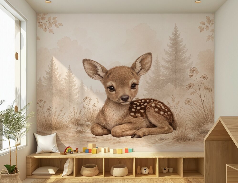 Wandvullend behang Hertje Woodland voor de kinderkamer of babykamer