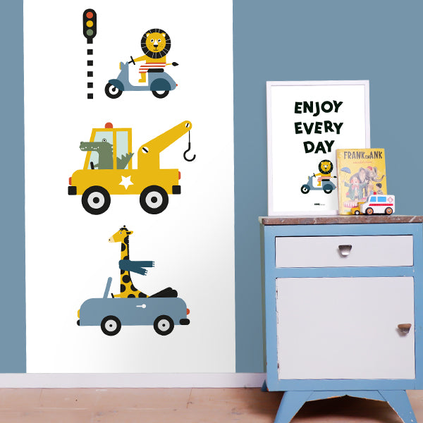 Behangstrook kinderkamer - dieren onderweg wit