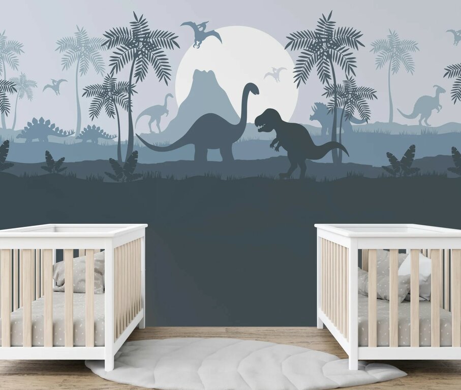 Wandvullend behang Dino blauw dinosaurus kinderkamer - lambrisering blauw