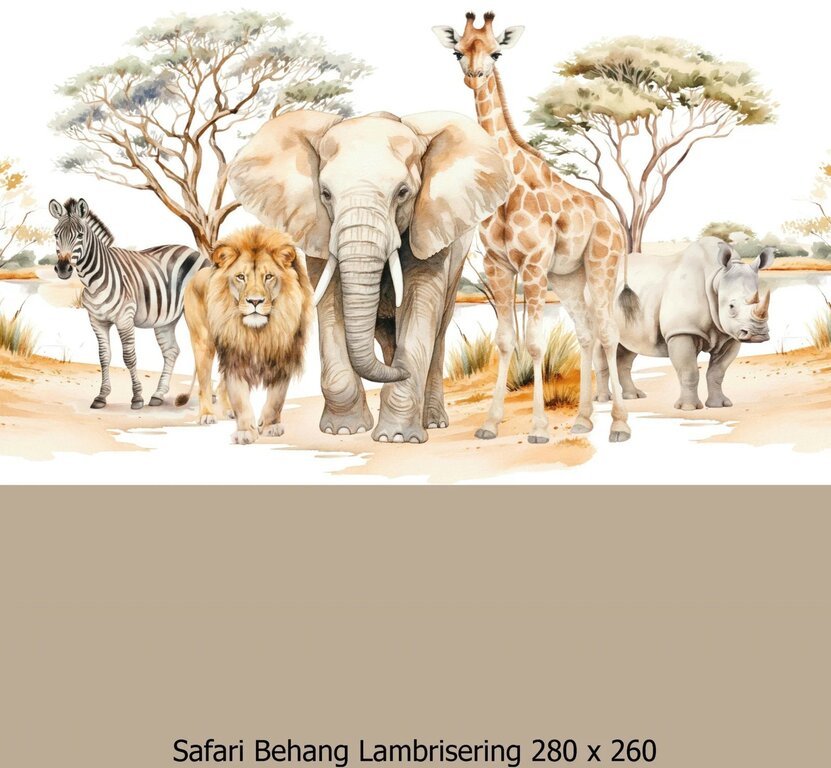 Wandvullend behang Safari voor de kinderkamer of babykamer - lambrisering warm taupe