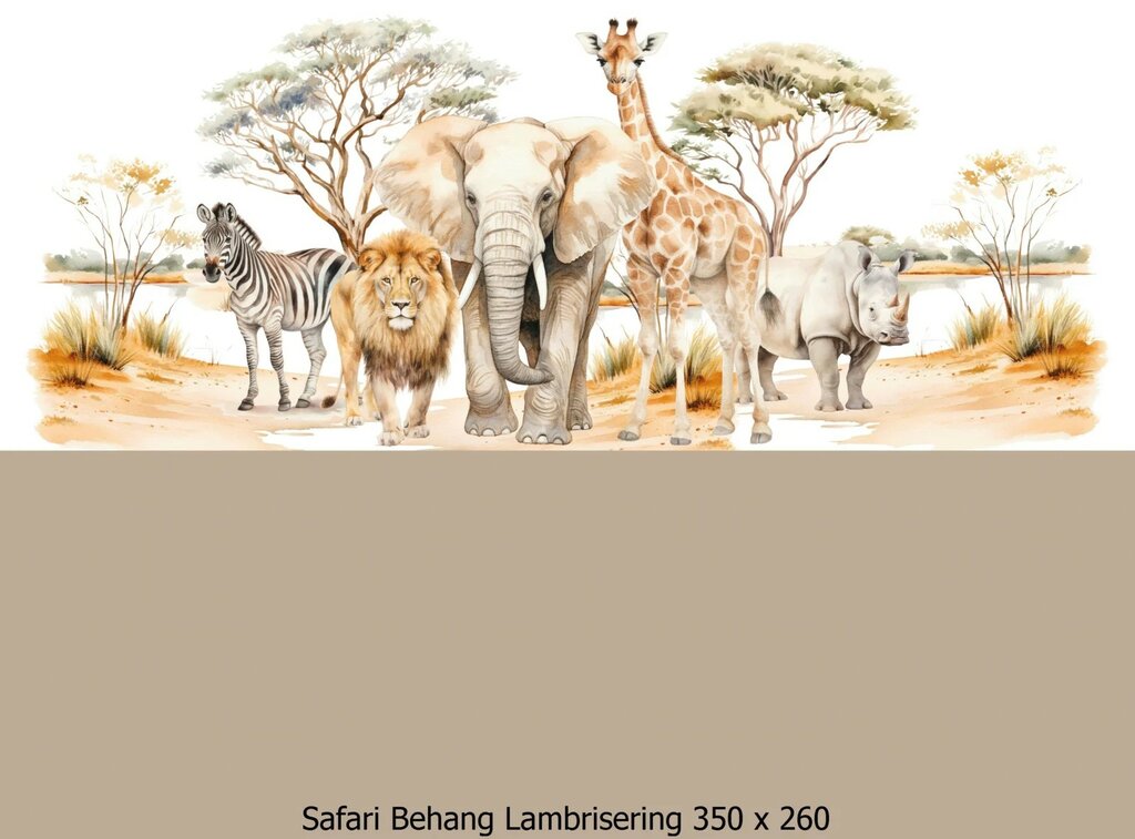 Wandvullend behang Safari voor de kinderkamer of babykamer - lambrisering warm taupe