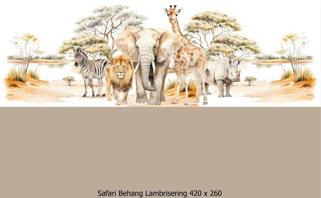 Wandvullend behang Safari voor de kinderkamer of babykamer - lambrisering warm taupe