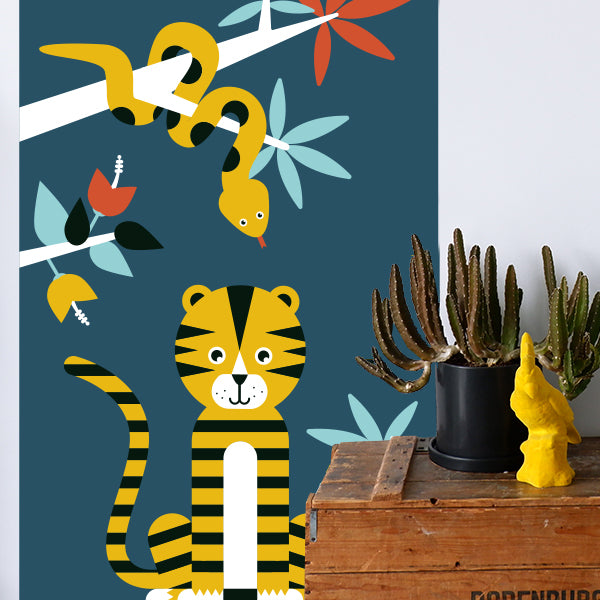 Behangstrook kinderkamer - jungle dieren donker blauw