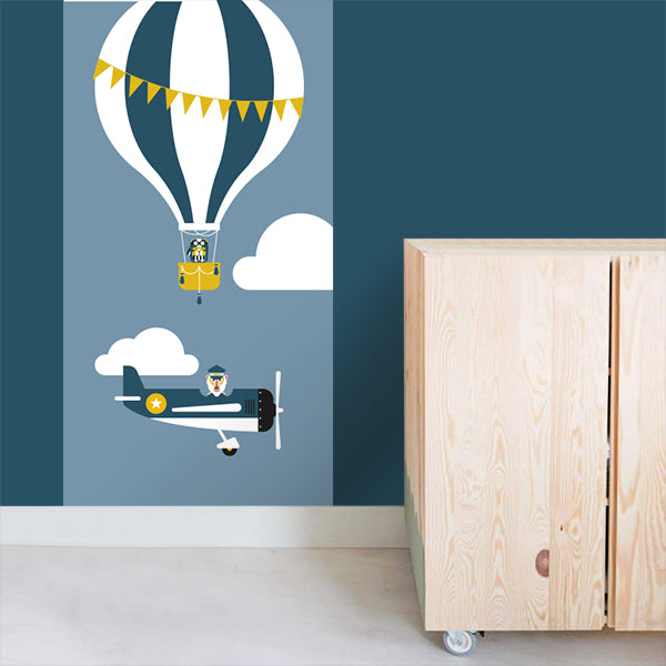 Behangstrook kinderkamer - vliegtuig piloot jeans blauw