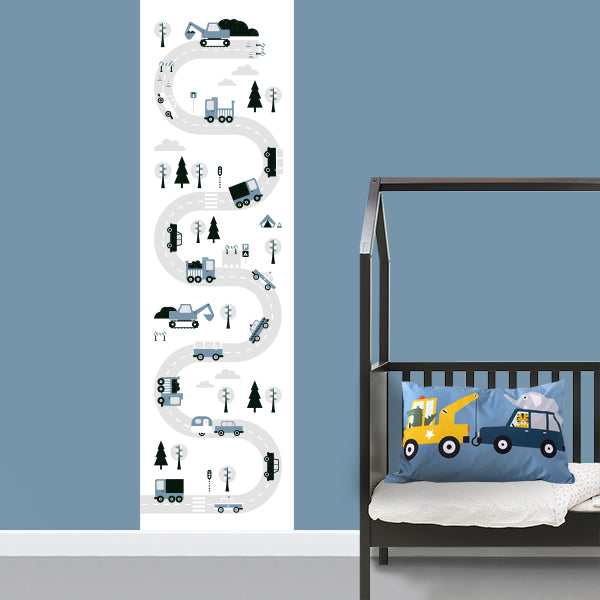 Behangstrook kinderkamer - voertuigen jeans blauw