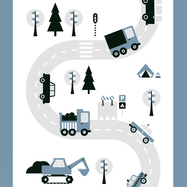 Behangstrook kinderkamer - voertuigen jeans blauw