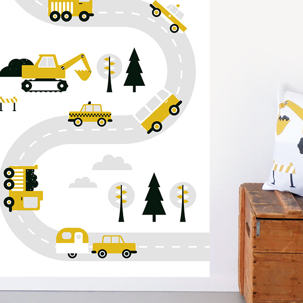 Behangstrook kinderkamer - voertuigen oker geel