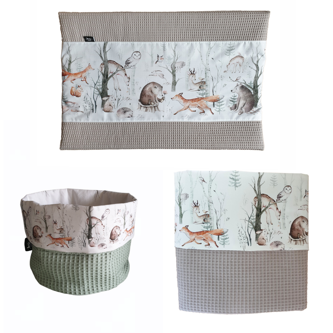 Bosdieren babykamer textiel set - aankleedkussenhoes, ledikantdeken en commodemandje