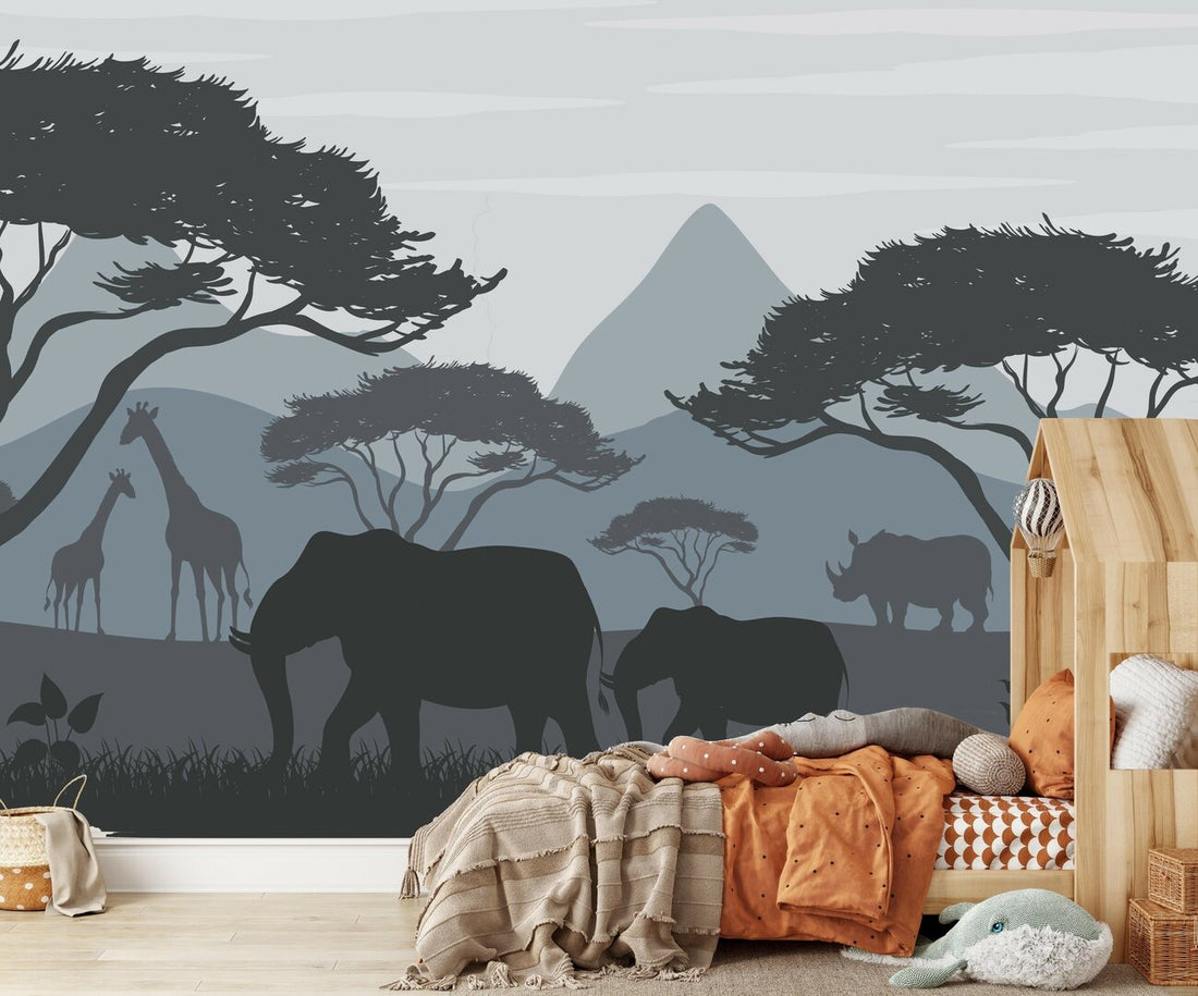 Behang safari kamer - jungle kinderkamer blauw