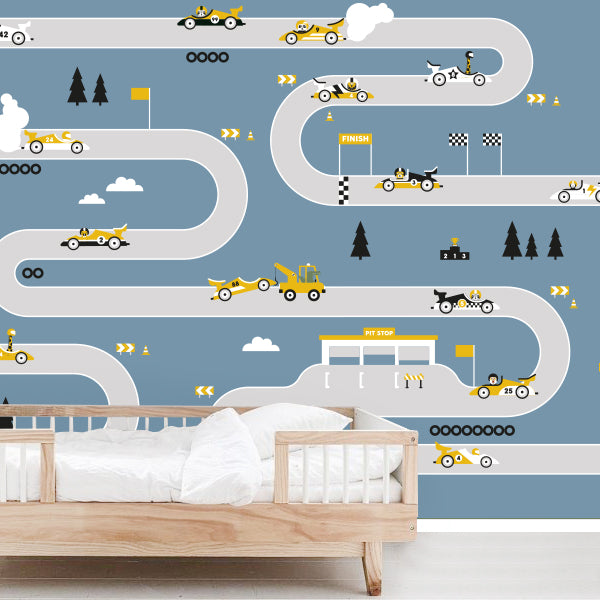 Behang Raceauto kinderkamer 3 maten in jeans blauw