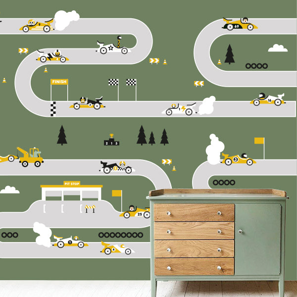 Behang Raceauto kinderkamer 3 maten in olijf groen