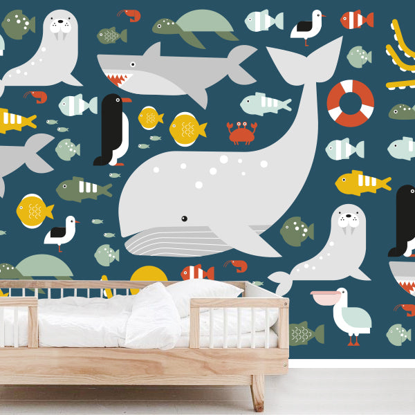 Behang Oceaan zeedieren kinderkamer 3 maten in donker blauw