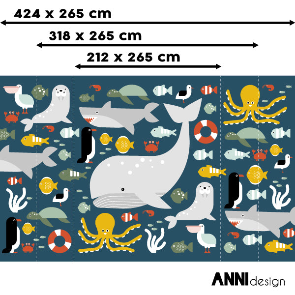 Behang Oceaan zeedieren kinderkamer 3 maten in donker blauw