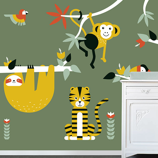 Behang Jungle kinderkamer 3 maten in olijf groen