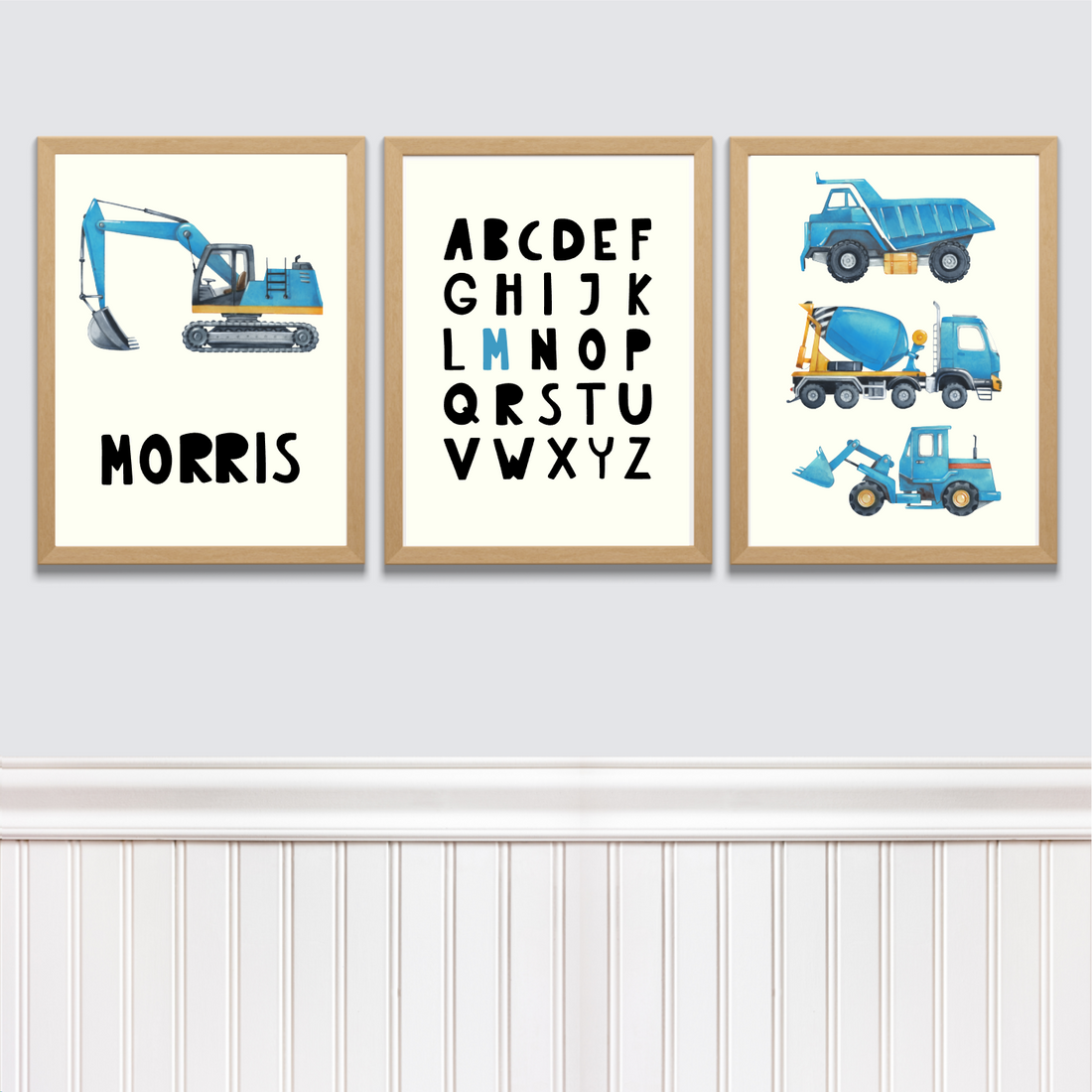 Kinderkamer posterset met naam werkvoertuigen + alfabet