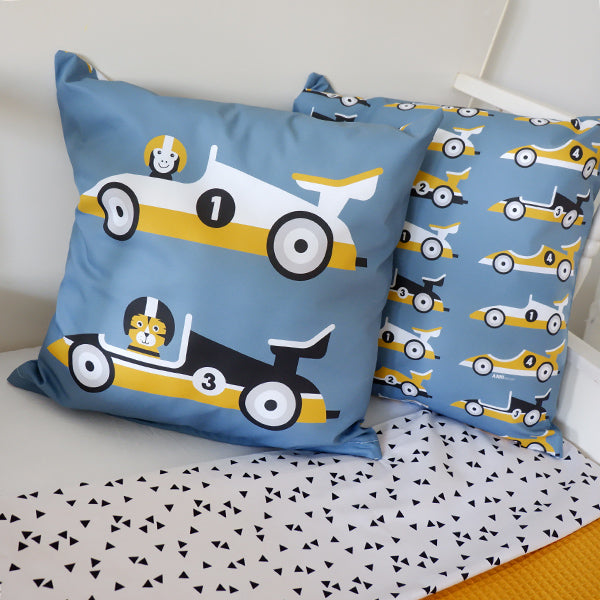 Kussen kinderkamer raceauto F1 - blauw (inclusief binnenkussen)