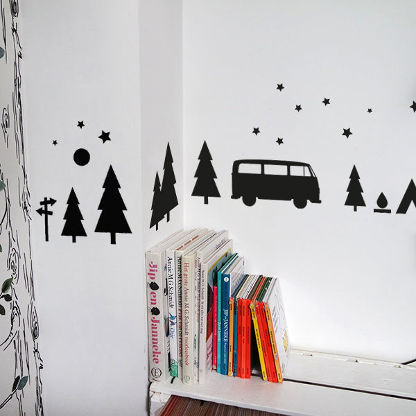 Muursticker set Kamperen met Busje - zwart