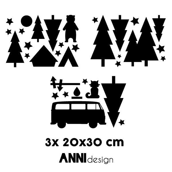 Muursticker set Kamperen met Busje - zwart