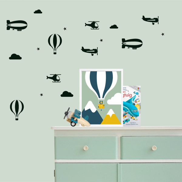 Muurstickers Vliegtuig Luchtballon Helikopter Zeppelin - zwart