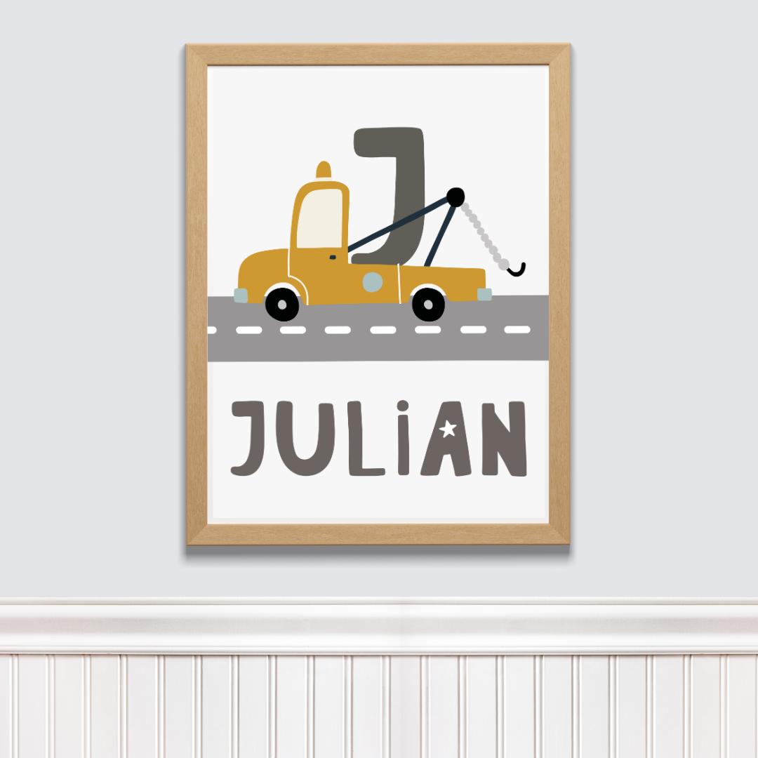 Naam poster kinderkamer takelwagen (diverse kleuren)