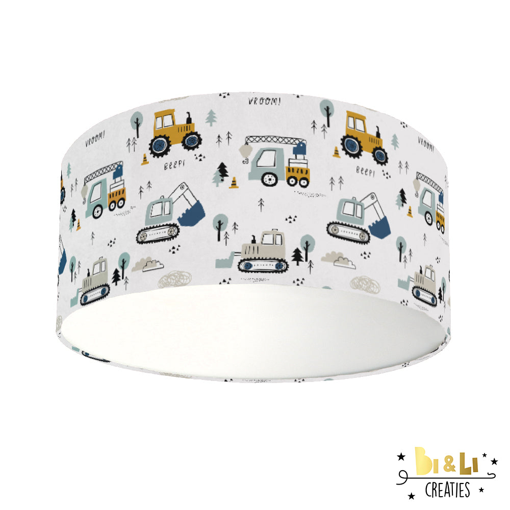 Plafondlamp Voertuigen kinderkamer collage met oker, blauw en grijs