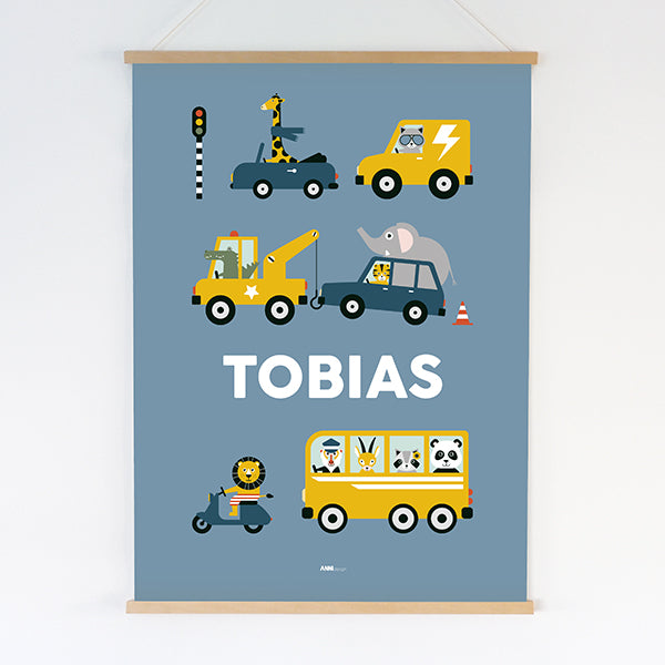 Naamposter XL Dieren Onderweg met naam - jeans blauw