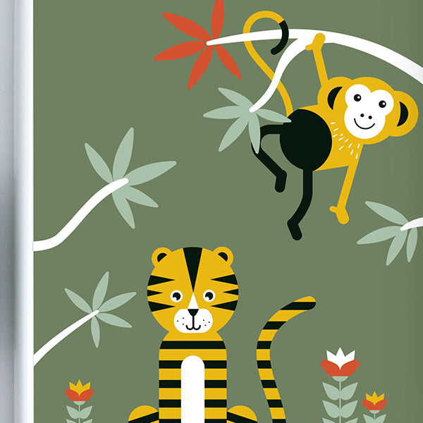 Poster XL Jungle Tijger en Aap kinderkamer - olijf groen