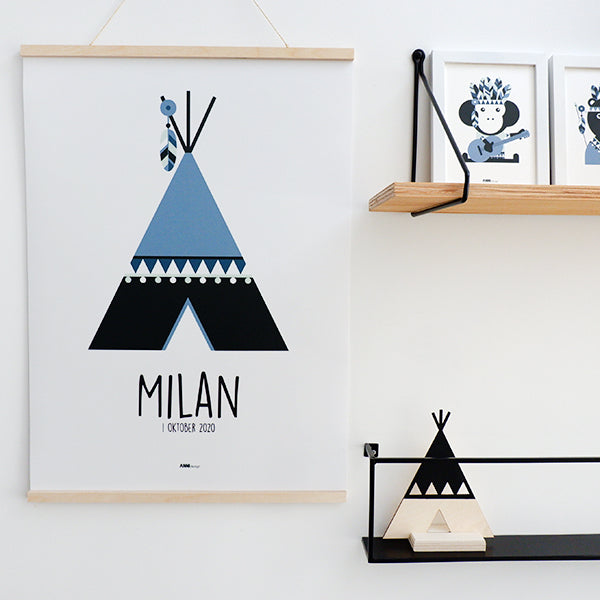 Naamposter XL Tipi indiaan met naam kinderkamer - jeans blauw