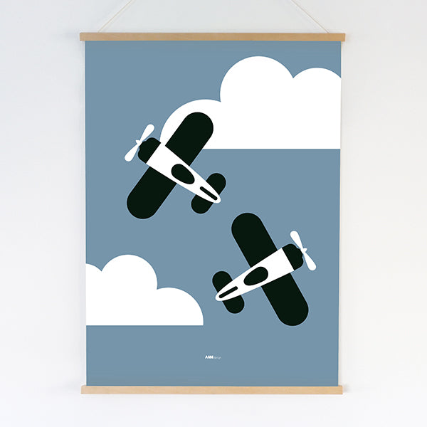 Poster XL Vliegtuig in wolken kinderkamer - jeans blauw
