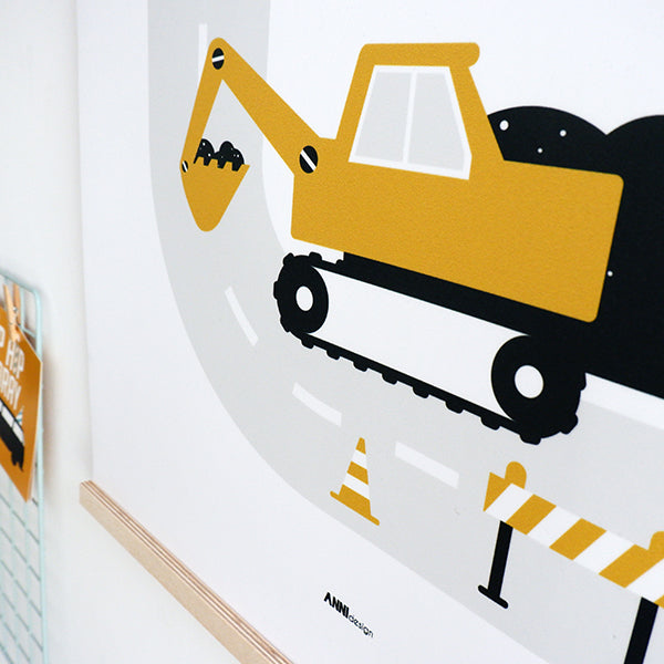 Poster XL Graafmachine en Vrachtwagen kinderkamer - oker geel