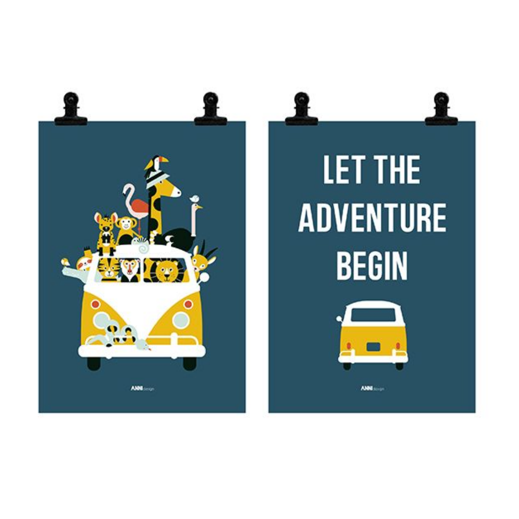 Poster set VW bus jungle kinderkamer - donkerblauw