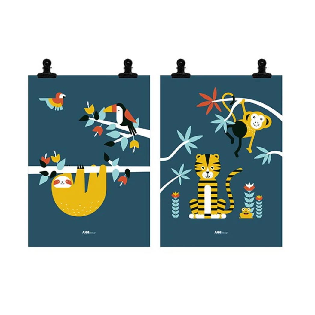 Posterset jungle kinderkamer - tijger + toekan donkerblauw