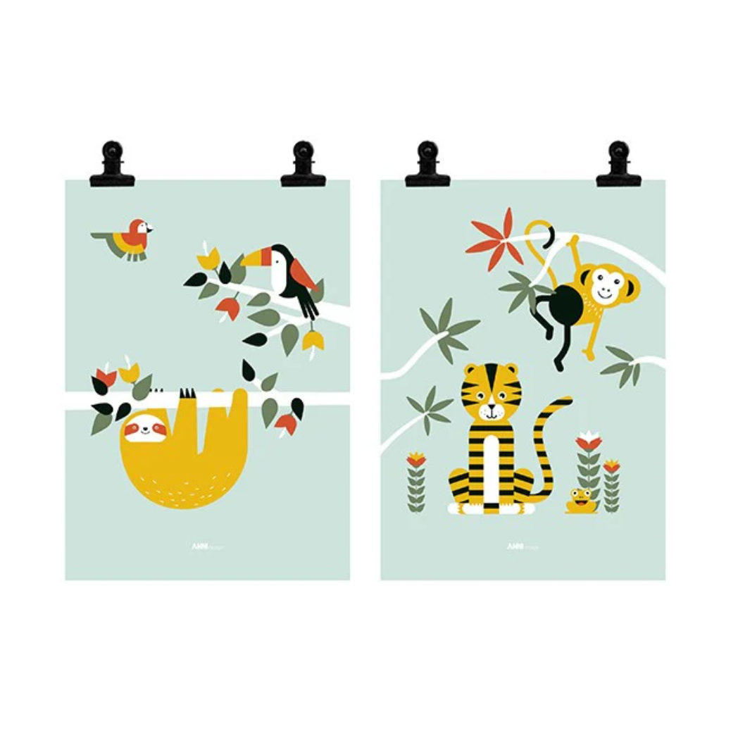 Posterset jungle kinderkamer - tijger + toekan mint