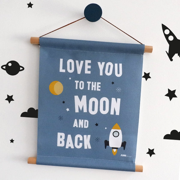 Textielposter kinderkamer Ruimte Love you to the Moon - blauw