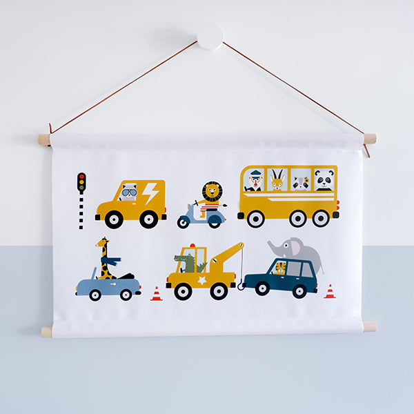 Textielposter 60x40 kinderkamer Dieren onderweg voertuigen - wit