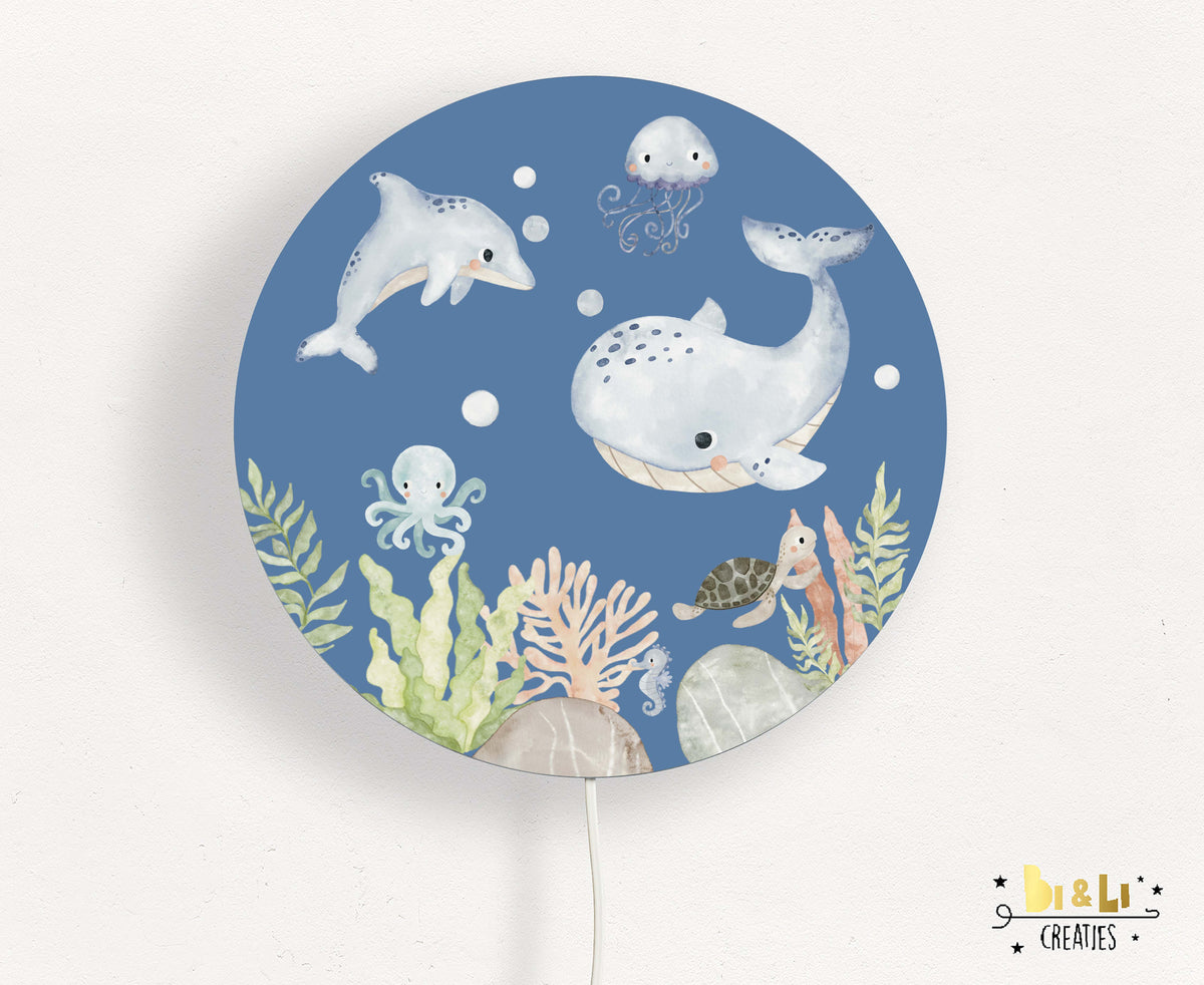 Wandlamp rond Onderwater wereld Walvis kinderkamer - blauw