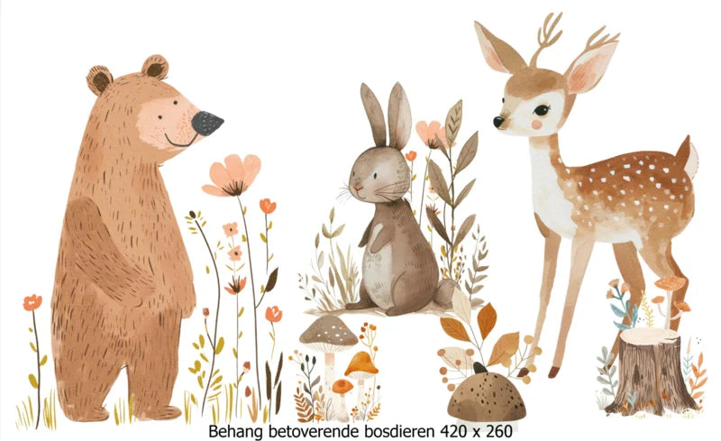 Wandvullend babykamer behang bosdieren hert konijn en beer