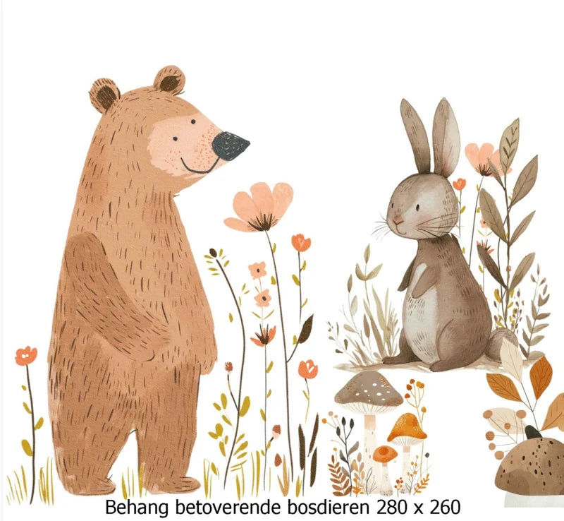Wandvullend babykamer behang bosdieren hert konijn en beer