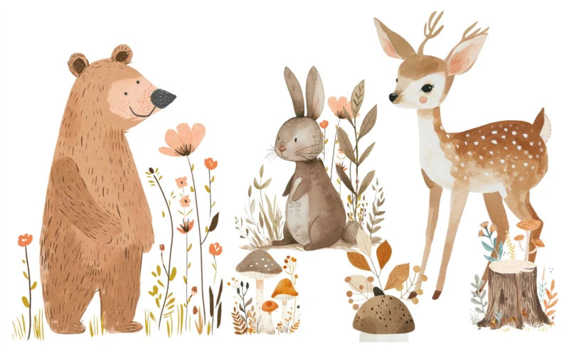 Wandvullend babykamer behang bosdieren hert konijn en beer