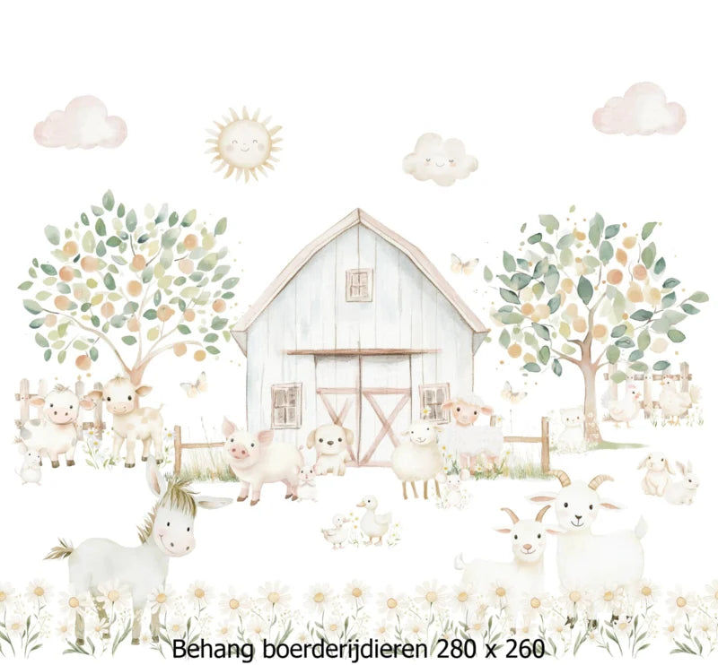 Wandvullend behang boerderijdieren pastel - boerderij kinderkamer
