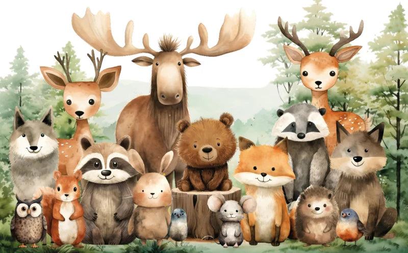 Wandvullend behang bosdieren vrienden kinderkamer babykamer