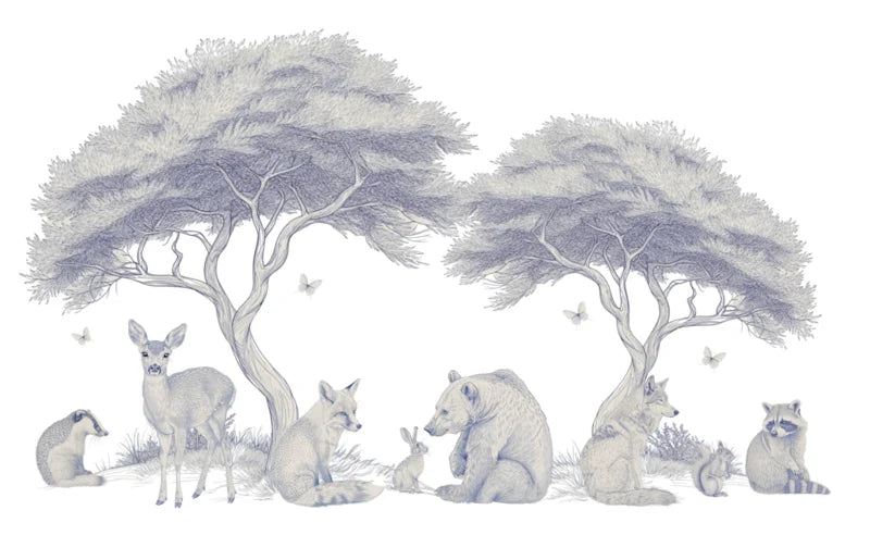 Wandvullend behang getekende bosdieren voor de babykamer of kinderkamer