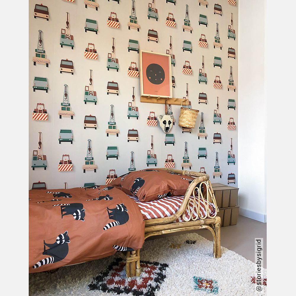 Kraanwagen behang - lichtgrijs