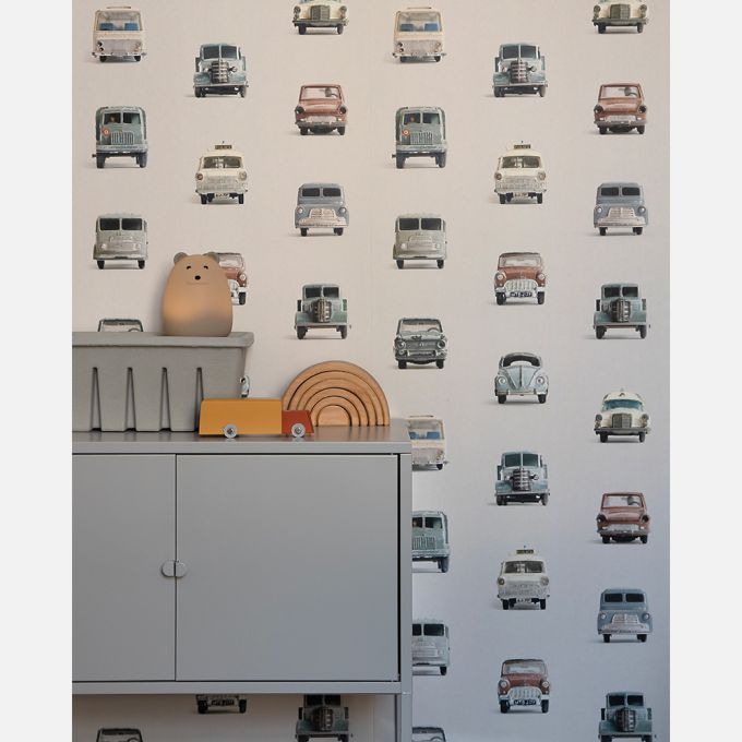 Vintage auto behang - lichtgrijs