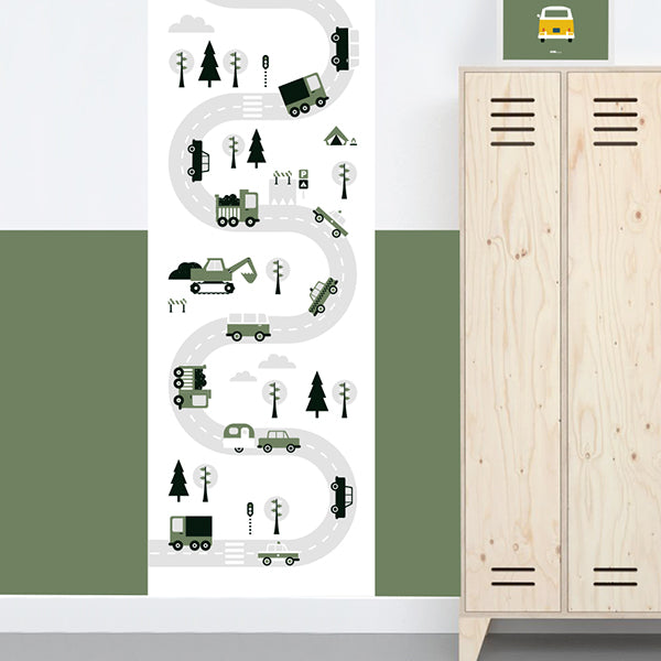 Behangstrook kinderkamer - voertuigen olijf groen