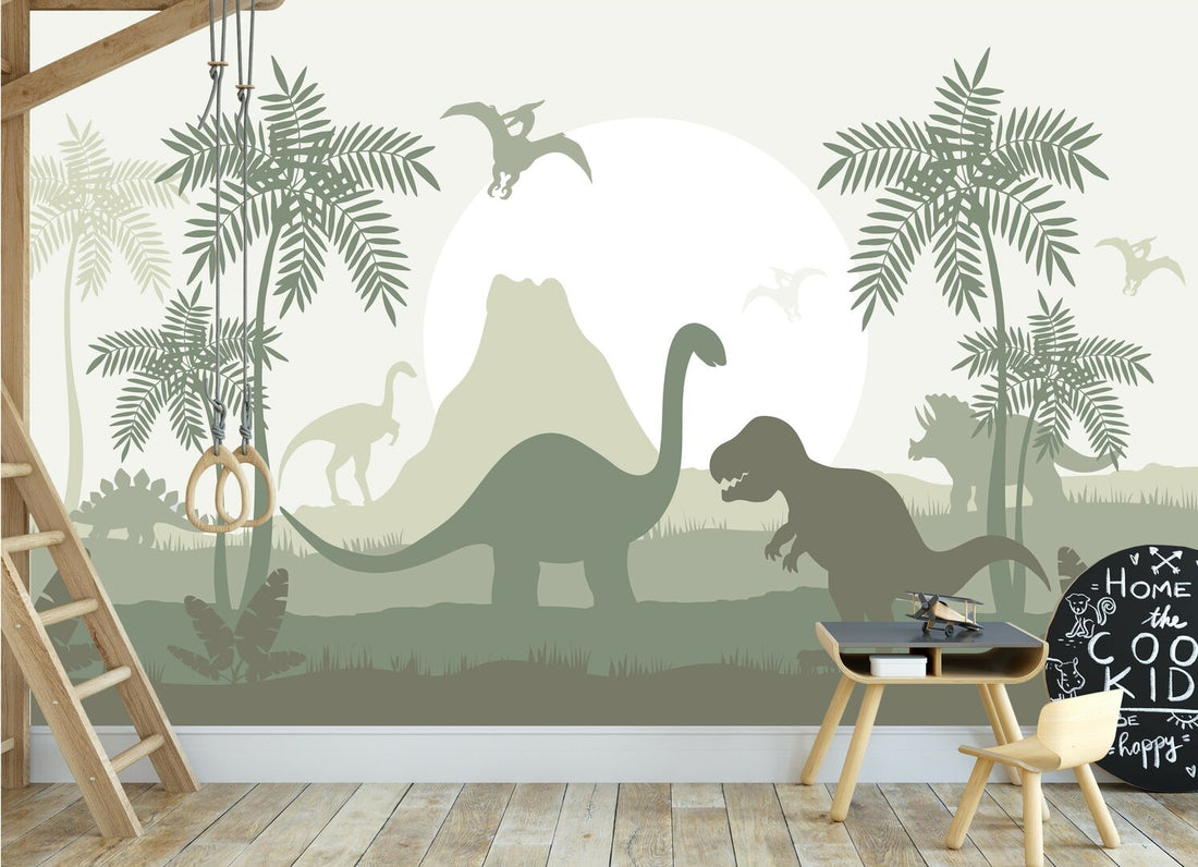 Behang dino kamer - dinosaurus kinderkamer olijfgroen naadloos
